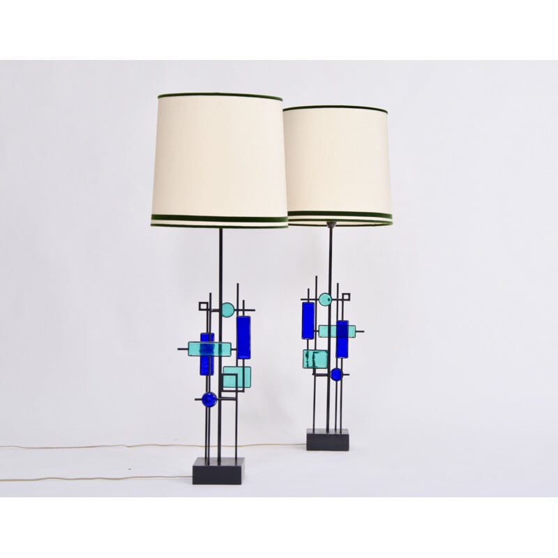 Pair of vintage tall iron and glass table lamps by Svend Aage Holm Sorensen