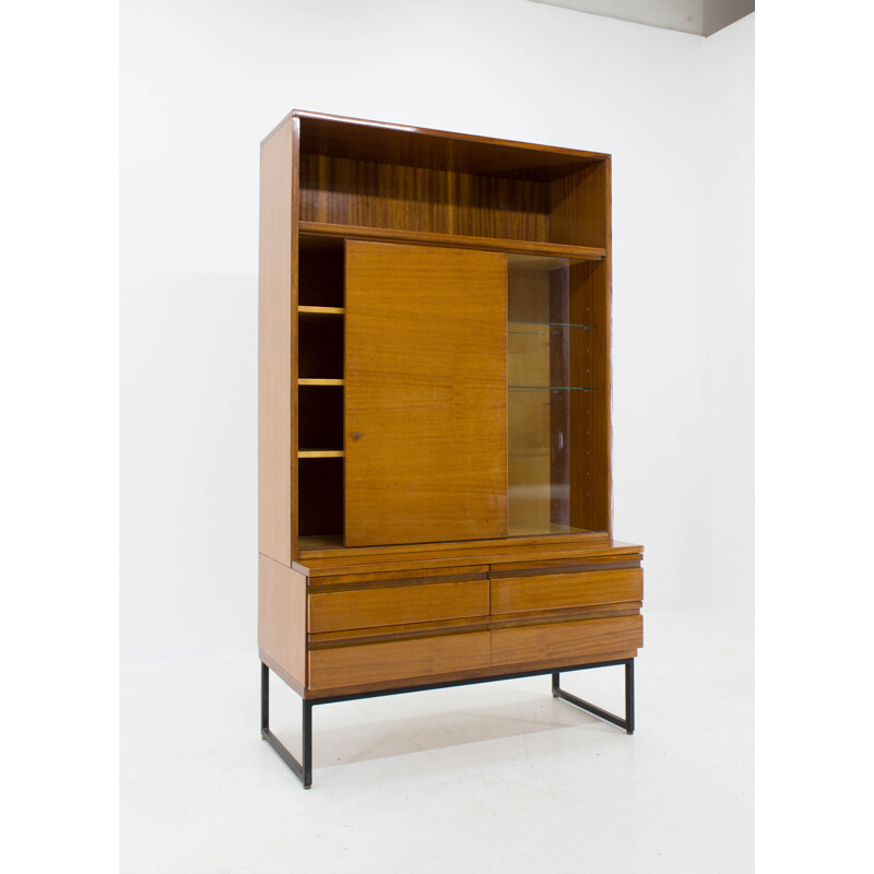 Vintage BELMONDO mahogany cabinet with shelves and drawers with high gloss finish, 1970
