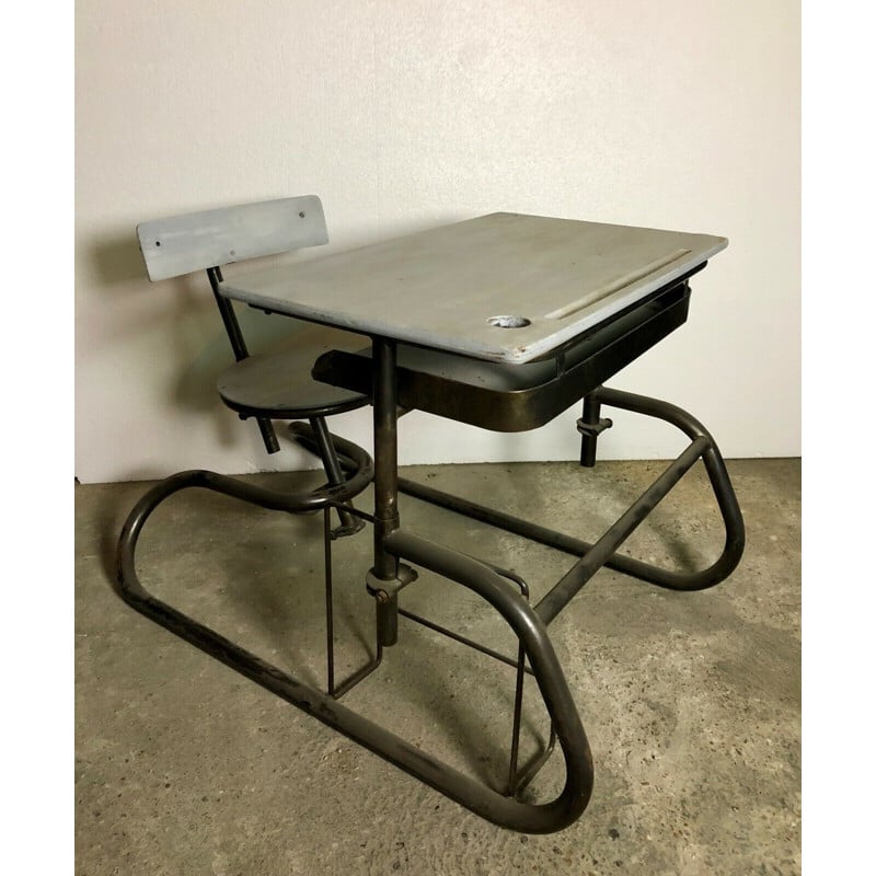 Vintage American school desk adjustable in wood and iron