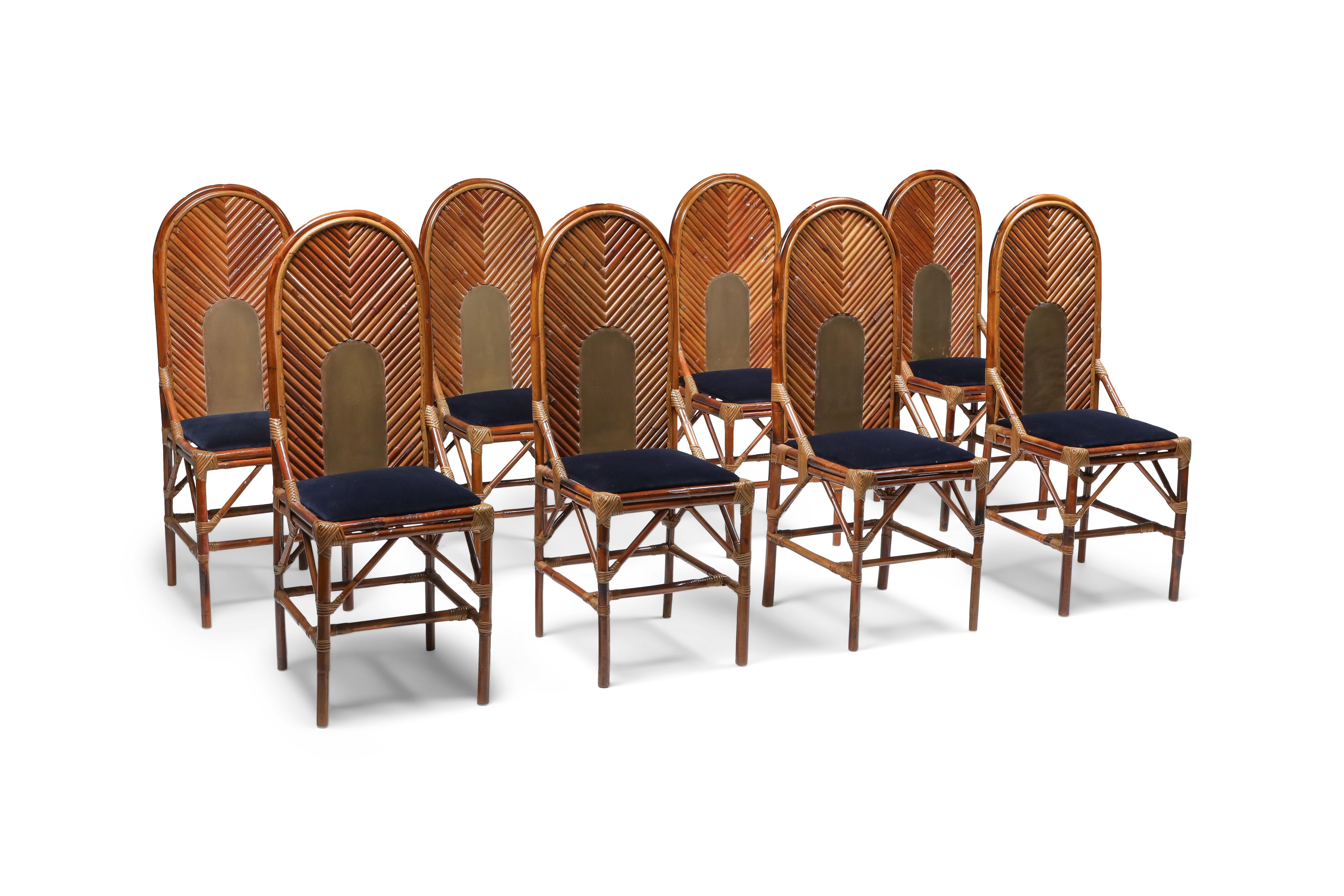 set of 8 vintage dining chair in bamboo brass  blue velvet 1970s