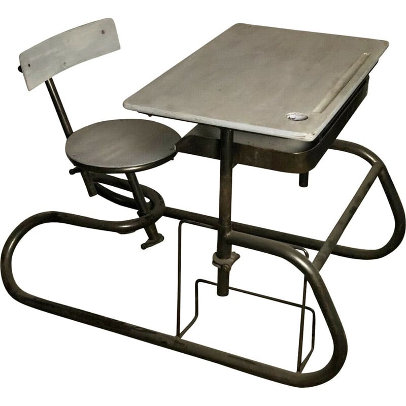 Vintage American school desk adjustable in wood and iron