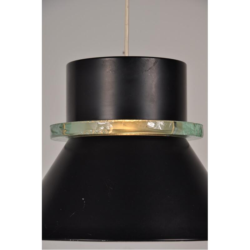 Hiemstra Evolux hanging lamp in black metal with a glass ring - 1970s