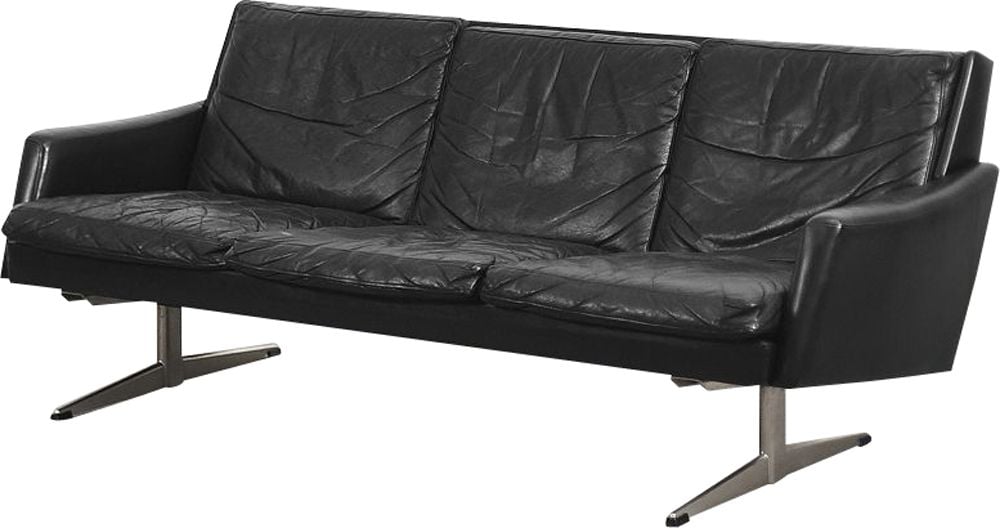Vintage Modern Black Leather, Modern Black Leather And Chrome Sofa