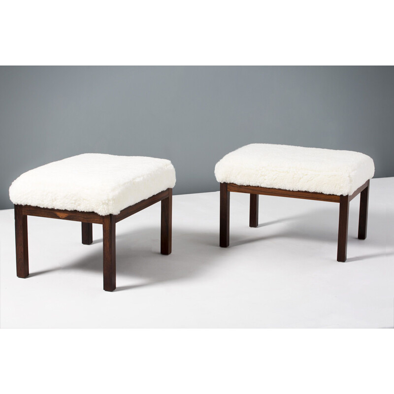 Pair of Rosewood and Sheepskin Vintage Ottomans