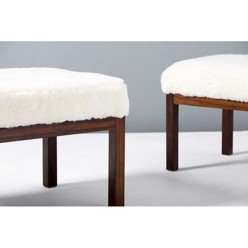 Pair of Rosewood and Sheepskin Vintage Ottomans