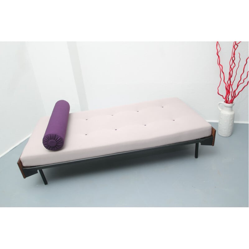 Mid century daybed in wood and purple fabric - 1960s