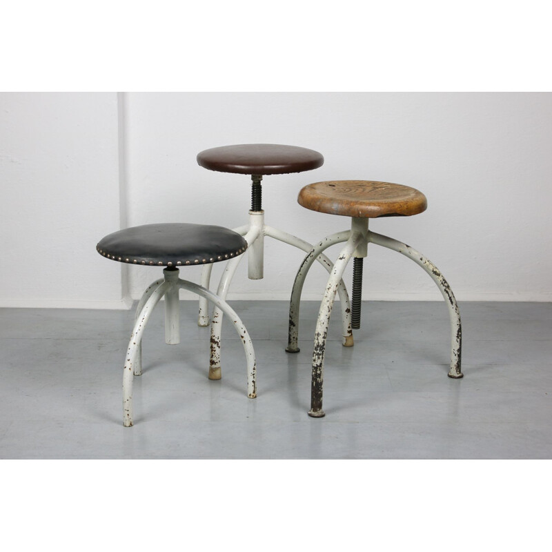 Set of 3 Vintage industrial adjustable swivel stools