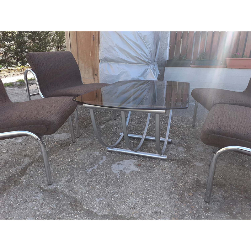 Set of 4 Vintage Hungarian Armchairs and Table Chromed Metal 1970 