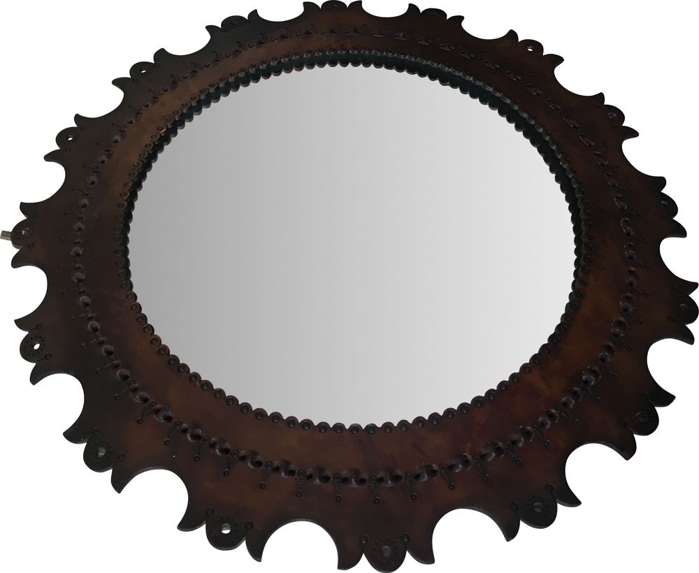 Vintage Round Mirror In Leather Frame, Round Mirror With Leather Frame