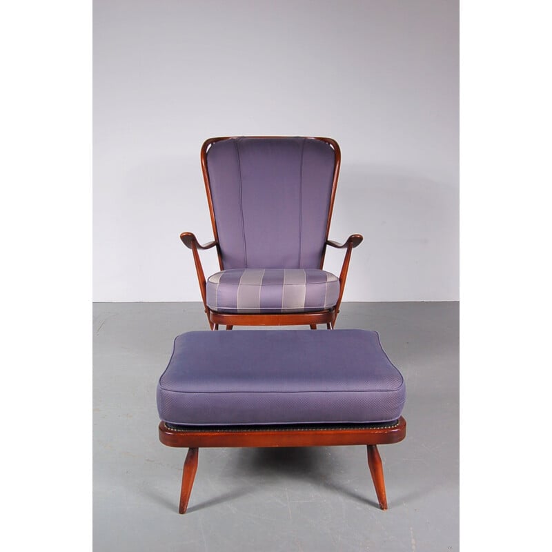 Armchair and its foot rest  in beech and purple fabric, Lucian ERCOLANI - 1950s