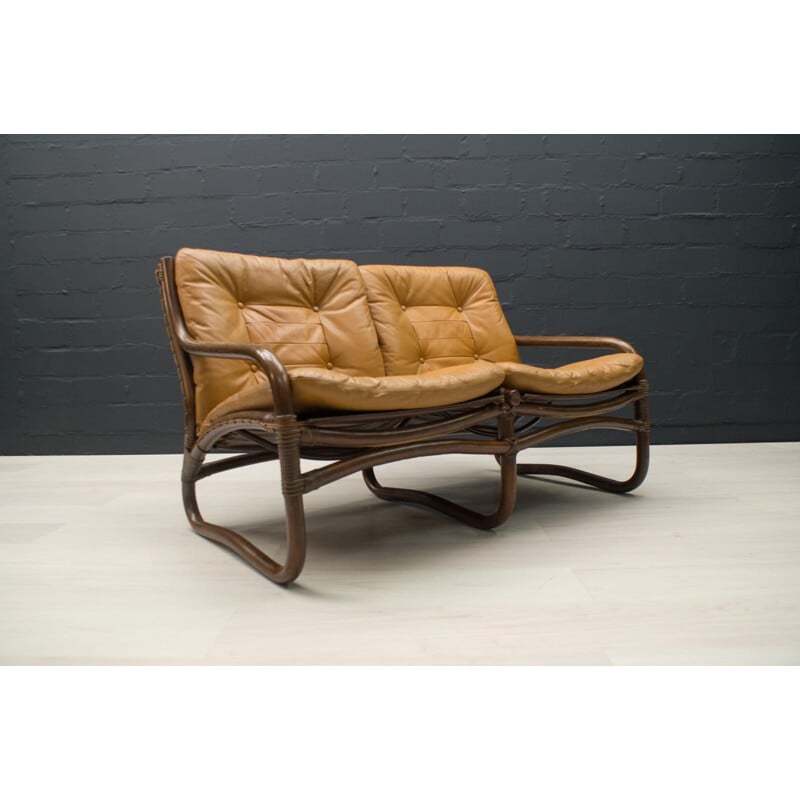 Vintage Bamboo, Rattan, and Leather 2-Seater Sofa, Italian 1960s
