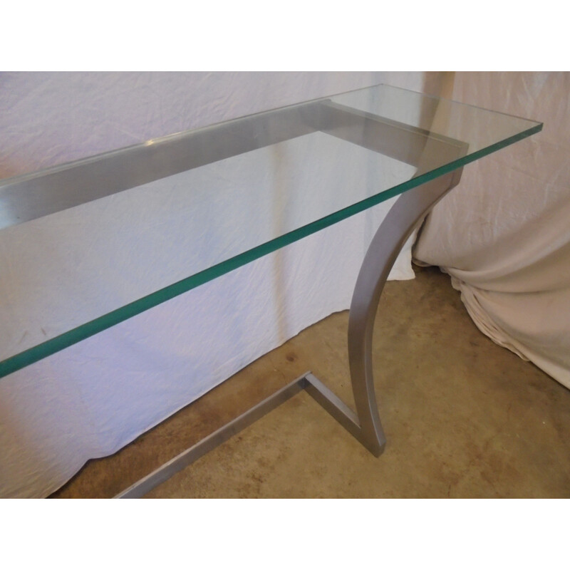 Vintage dented steel and glass console, 1970
