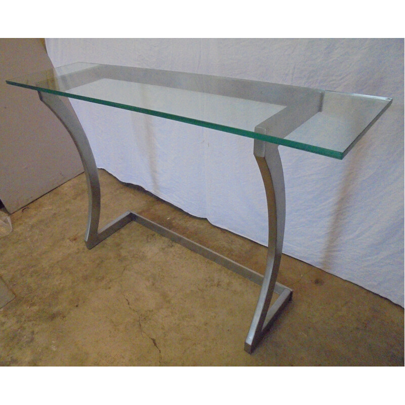 Vintage dented steel and glass console, 1970