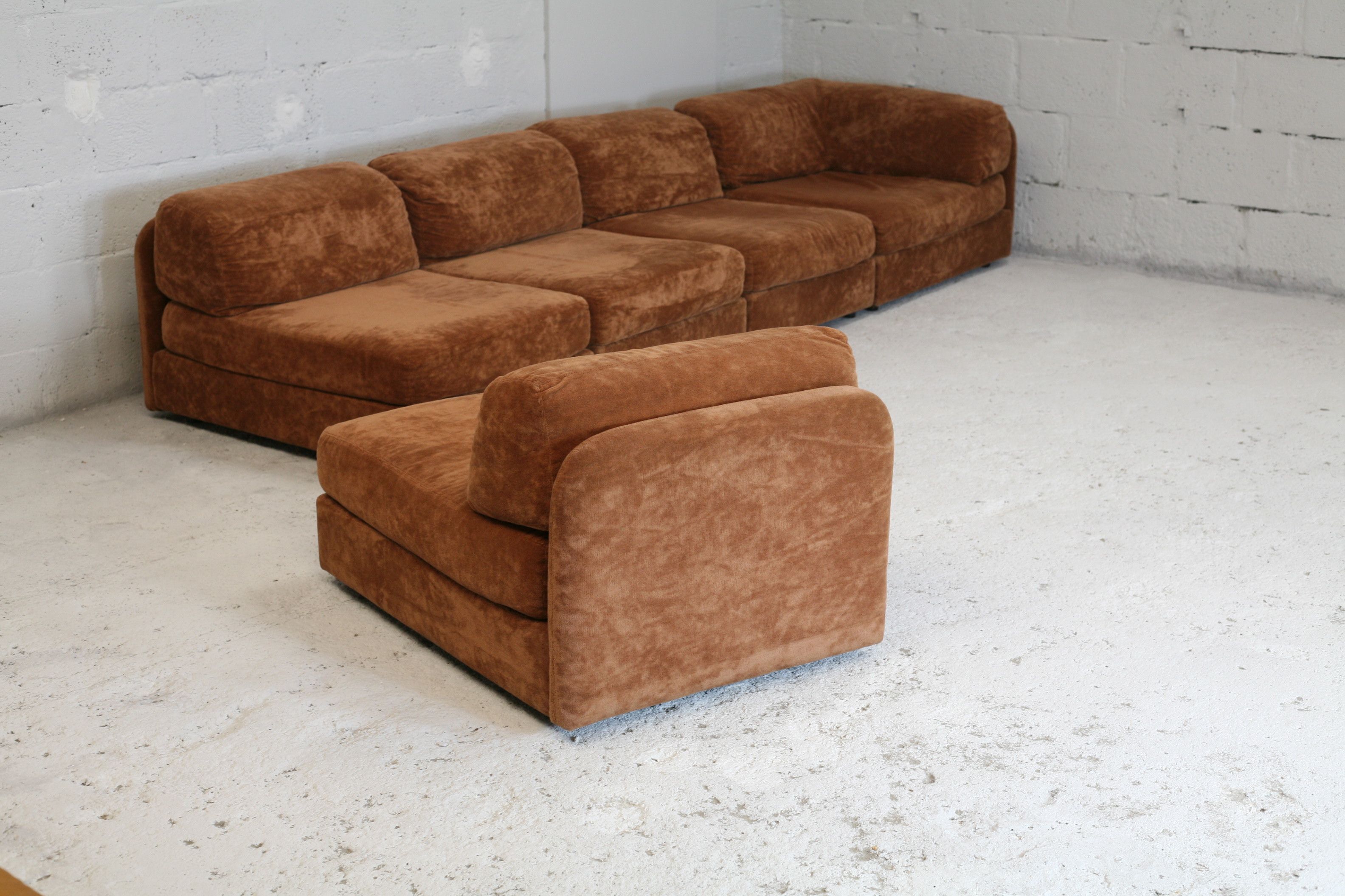 vintage sofa light brown velvet modular 1970's - Design Market