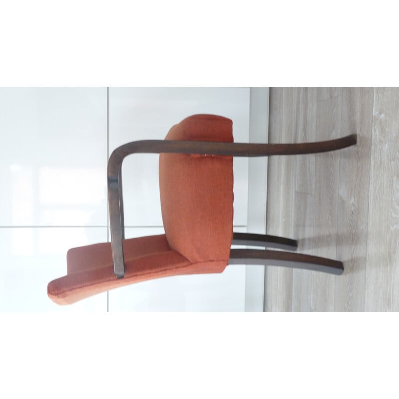 Pair of bridge armchairs in orange and beech wood - 1950s