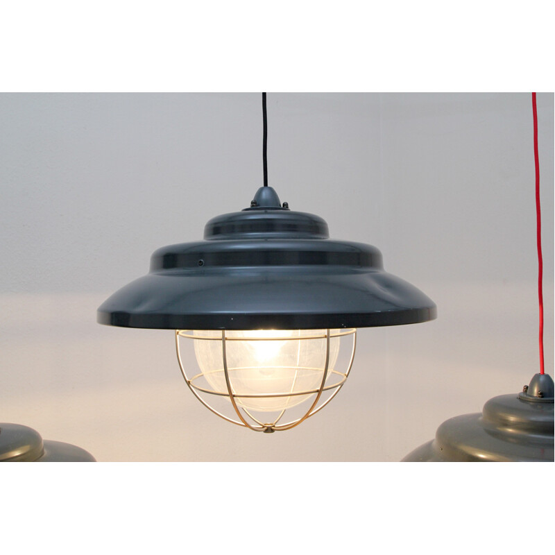 Mid-century industrial hanging light in metal and plastic - 1970s
