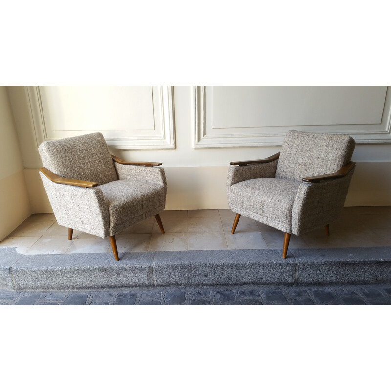 Mid century armchair in wood and grey fabric - 1950s