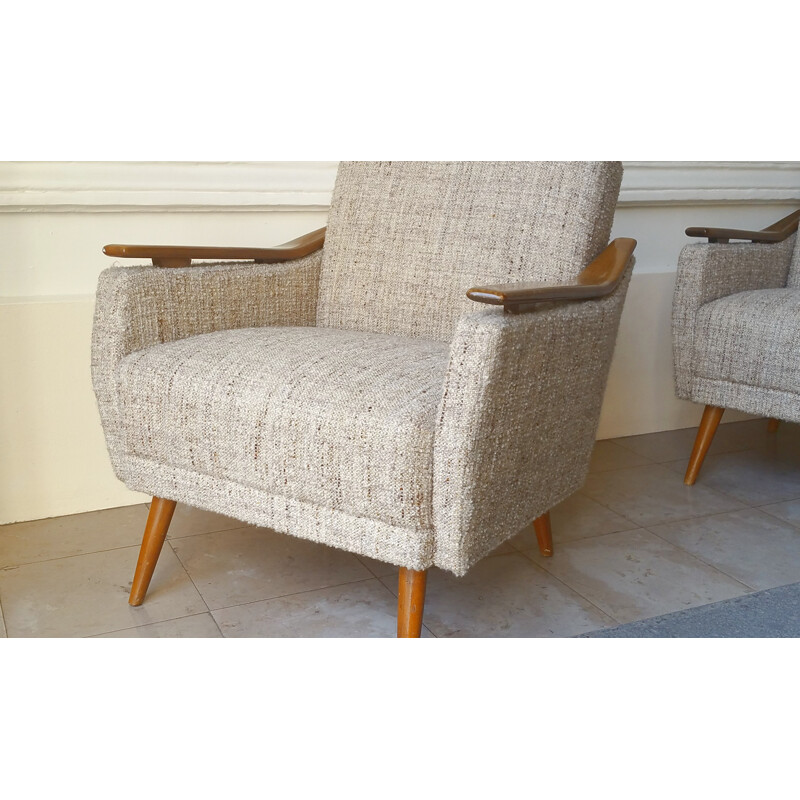 Mid century armchair in wood and grey fabric - 1950s