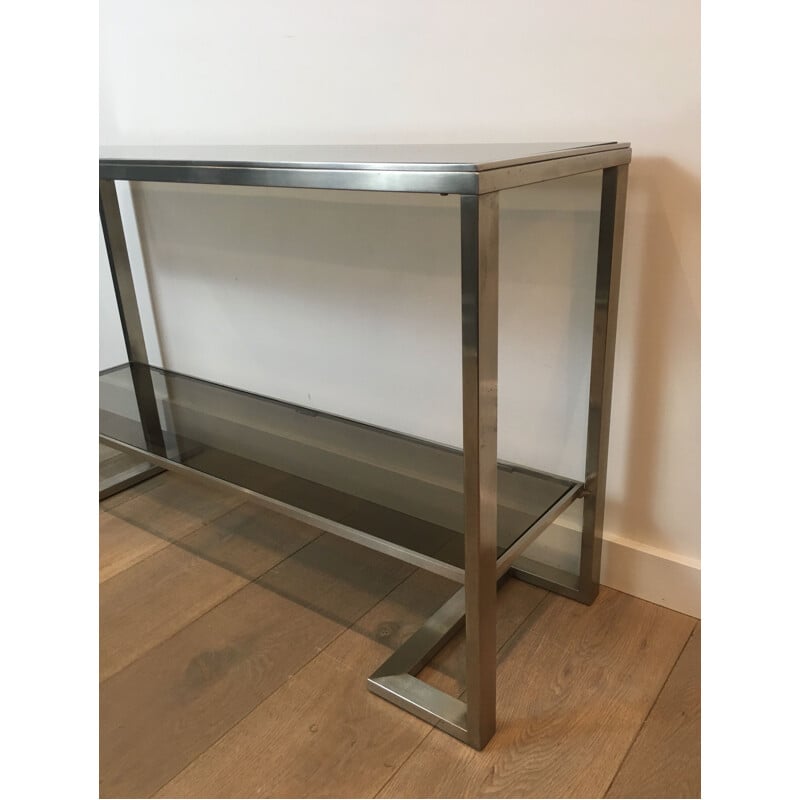 Vintage Console in Brushed Steel and Smoked Glass Trays 1970