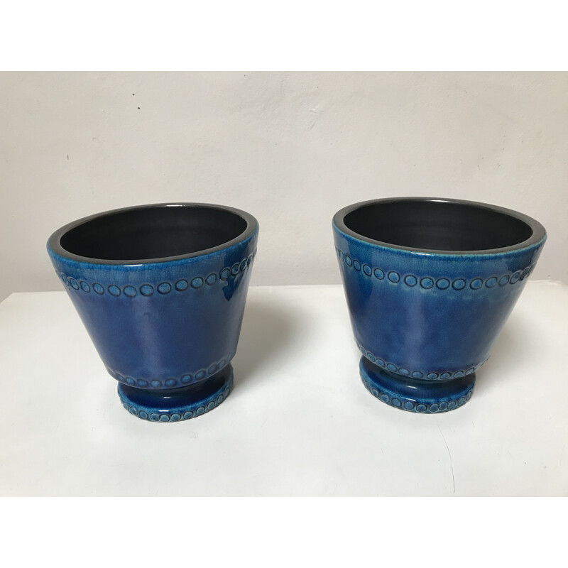 Pair of vintage blue ceramic jars by Pol Chambost
