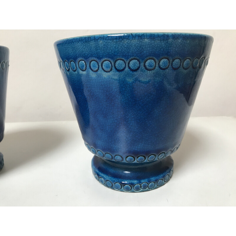Pair of vintage blue ceramic jars by Pol Chambost