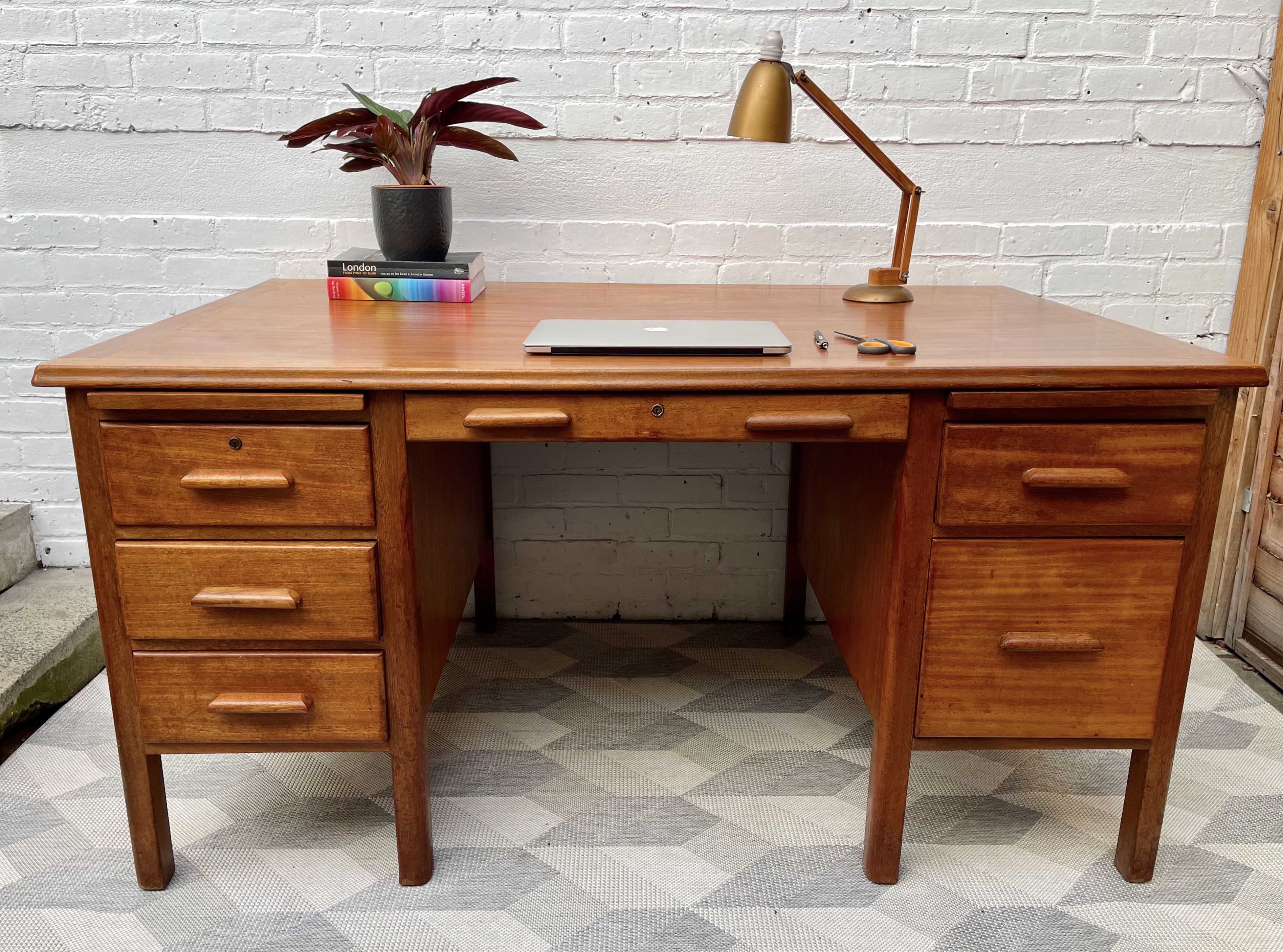 Large Vintage Wooden Desk With Drawers, Large Wooden Desk With Storage