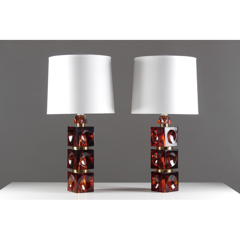Pair of Scandinavian table lamps in glass and brass, Carl FAGERLUND - 1960s