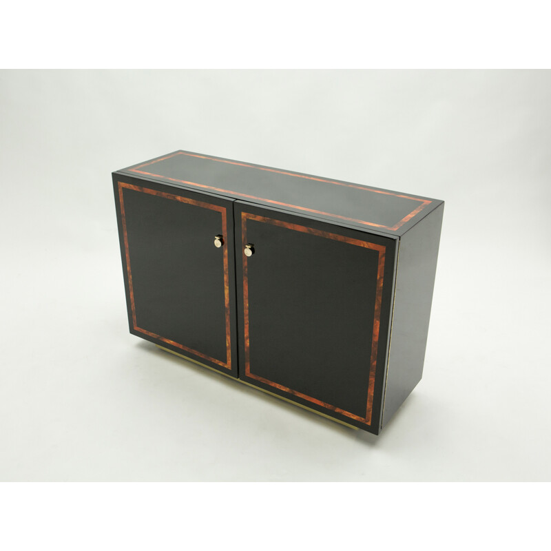 Vintage sideboard black lacquered glass and brass from J.C. Mahey 1970s