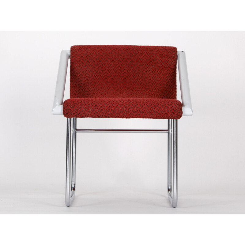 Czech armchair in red fabric and chromed steel - 1960s