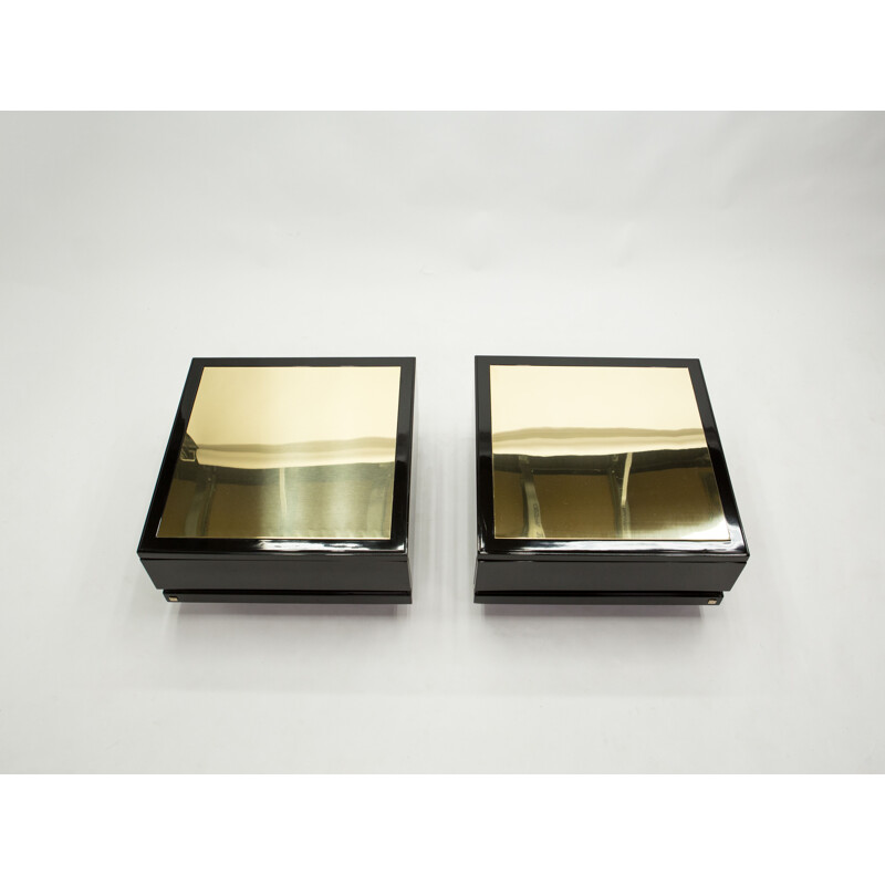 Pair of vintage black lacquered brass side tables J.C. Mahey 1970s