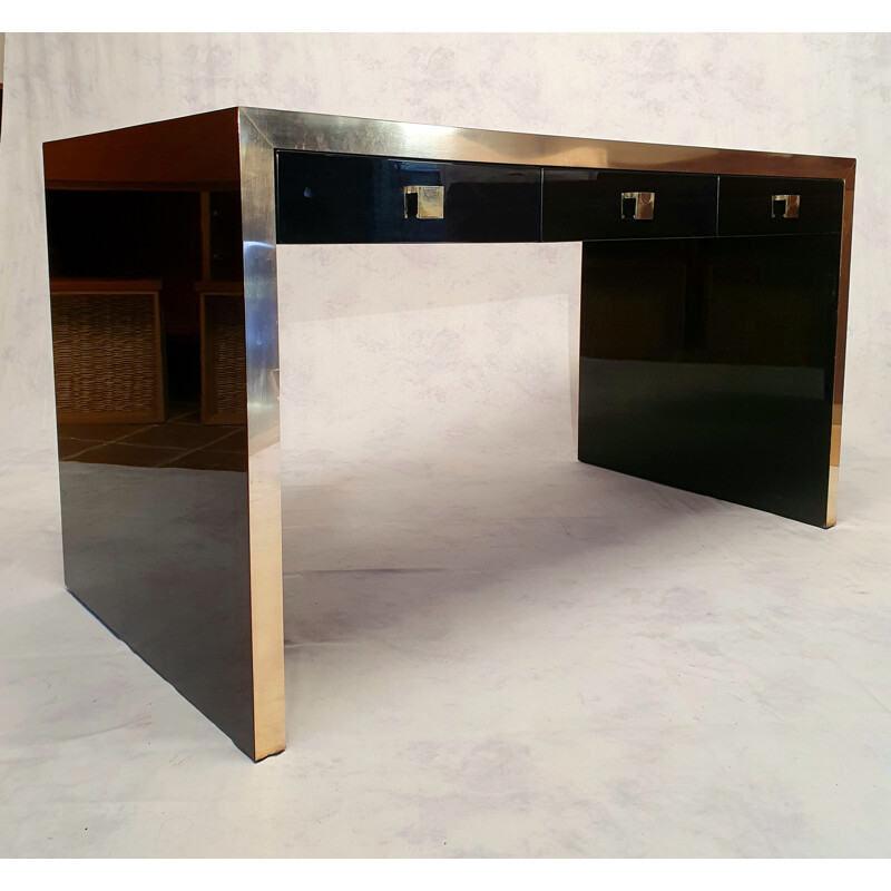 Vintage lacquered wood and brass desk by Jean Claude Mahey for La Maison Roméo 1970