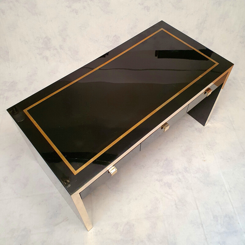 Vintage lacquered wood and brass desk by Jean Claude Mahey for La Maison Roméo 1970