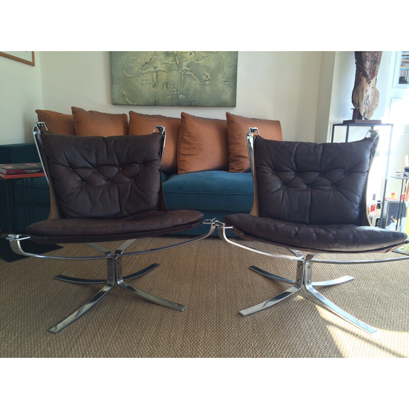 Pair of Falcon armchairs in dark brown leather and metal, Sigurd RESSELL - 1970s