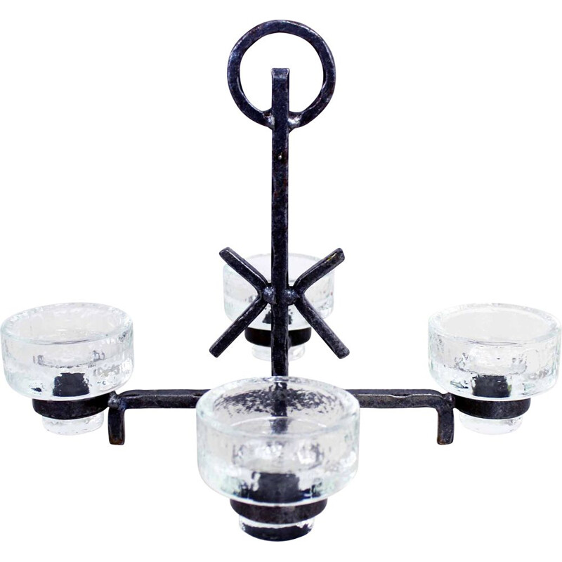 Vintage wrought iron and glass chandelier by Erik Höglund for Ystad-Metall Bostrom, Art Deco