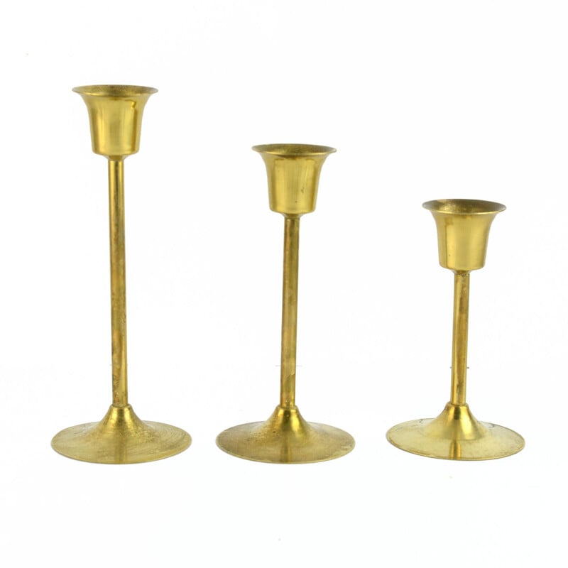 Set of 3 vintage Modernist Brass Candlesticks, Sweden 1970s