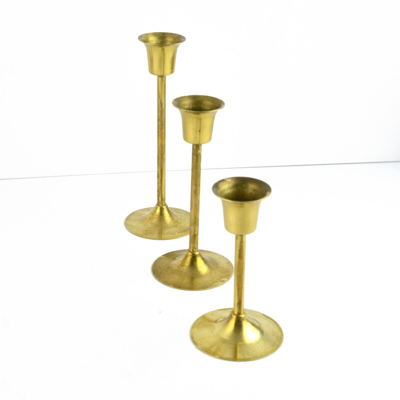 Set of 3 vintage Modernist Brass Candlesticks, Sweden 1970s