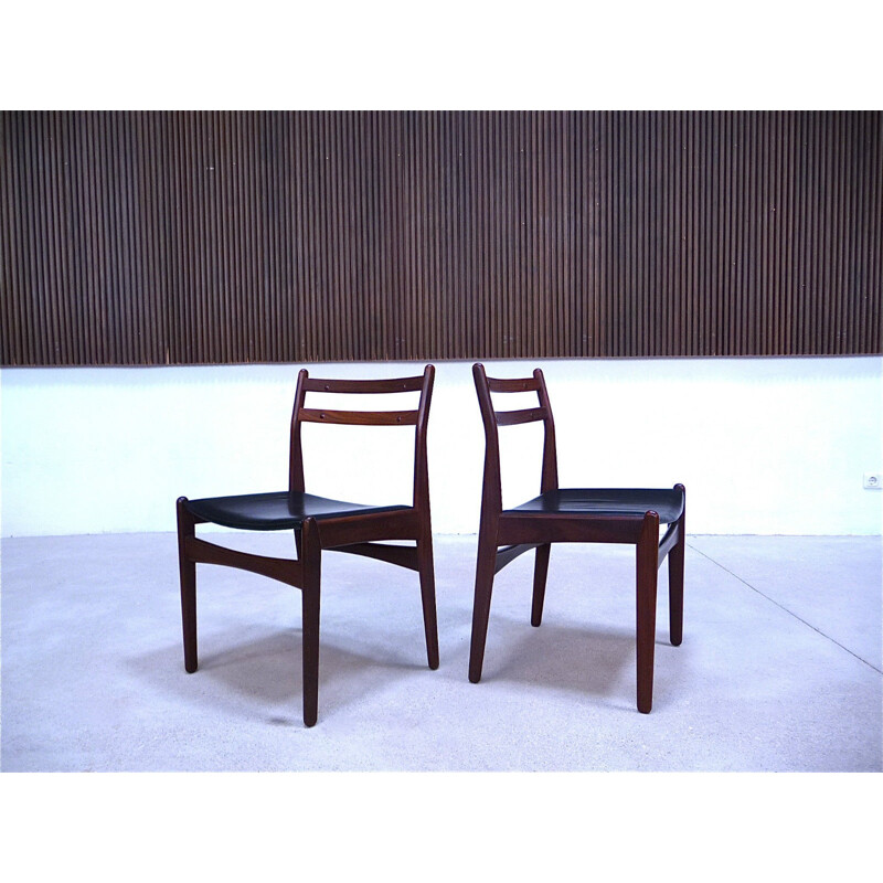 Set of 6 Frem Røjle dining chairs in teak and black leatherette - 1960s