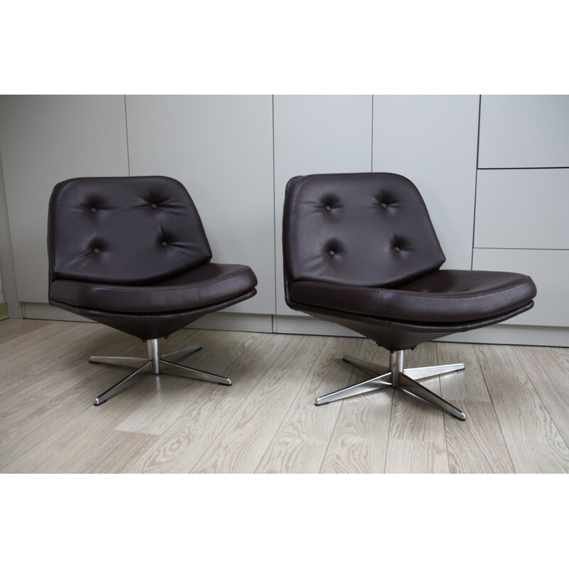 Pair of reupholstered lounge chairs in brown leatherette - 1960s