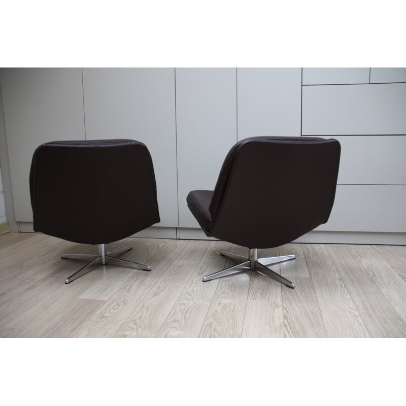 Pair of reupholstered lounge chairs in brown leatherette - 1960s