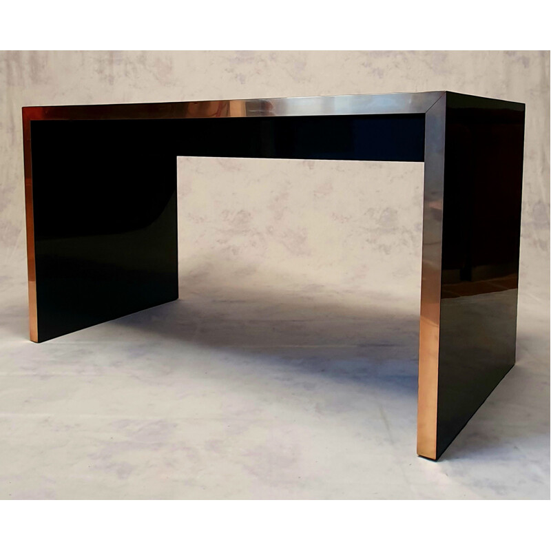 Vintage Lacquered Wood & Brass Desk by Jean Claude Mahey 1970s