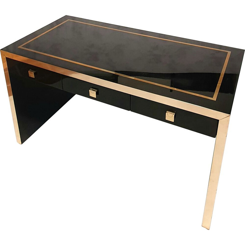 Vintage Lacquered Wood & Brass Desk by Jean Claude Mahey 1970s