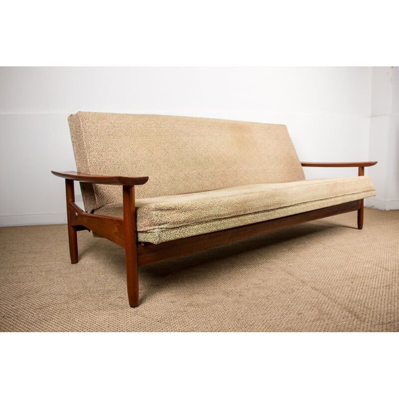 Large vintage 4 seater  Daybed sofa in solid teak and fabric by Gérard Guermonprez, Scandinavian 1960s