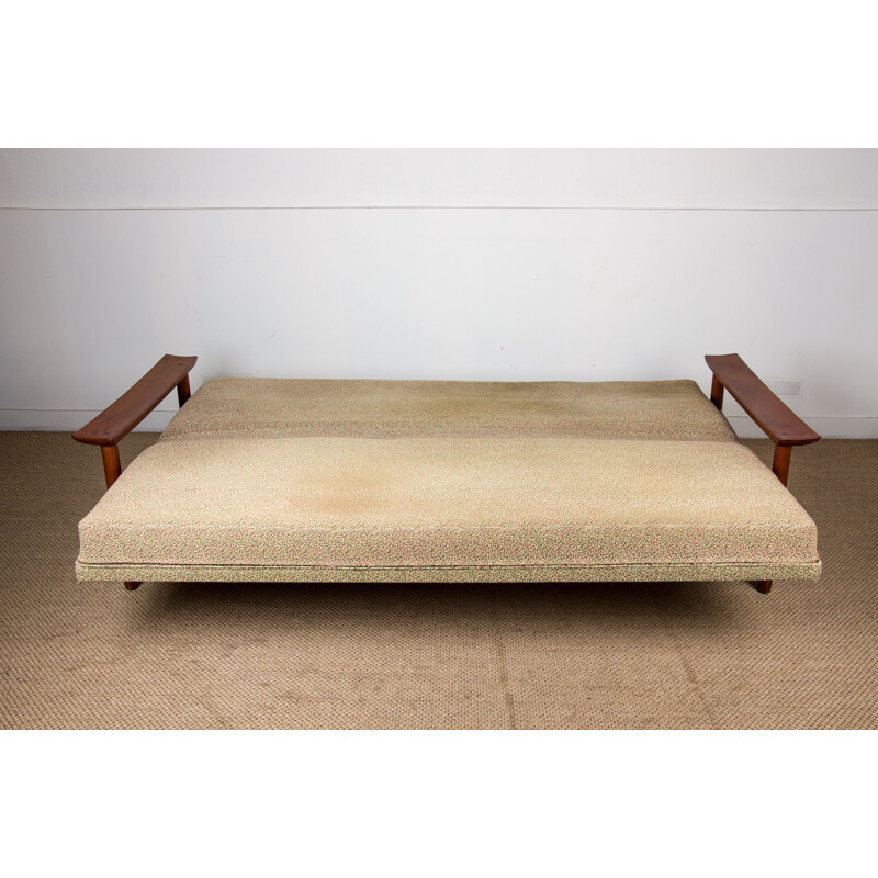 Large vintage 4 seater  Daybed sofa in solid teak and fabric by Gérard Guermonprez, Scandinavian 1960s