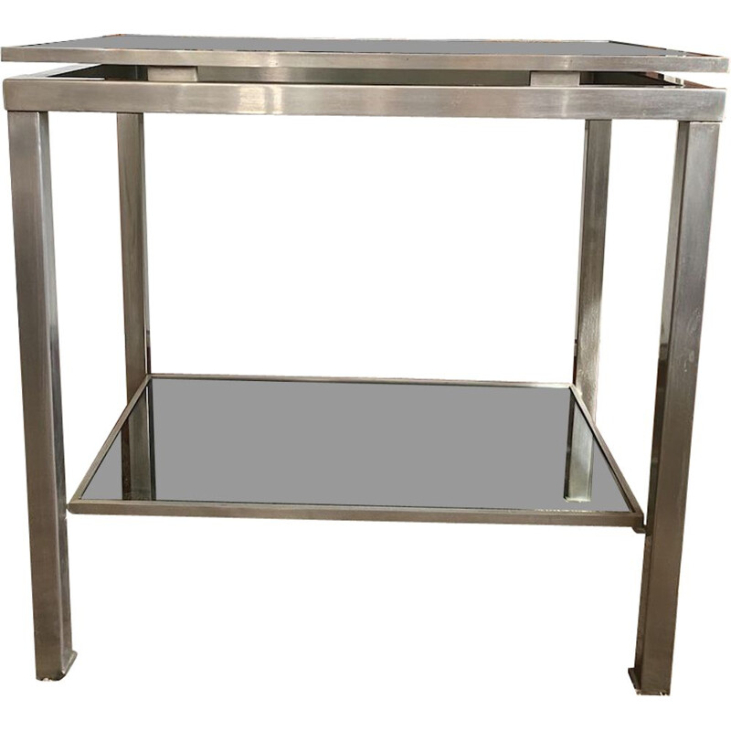 Vintage console table in brushed steel with 2 smoked glass tops by Guy Lefèvre for Jansen 1970s