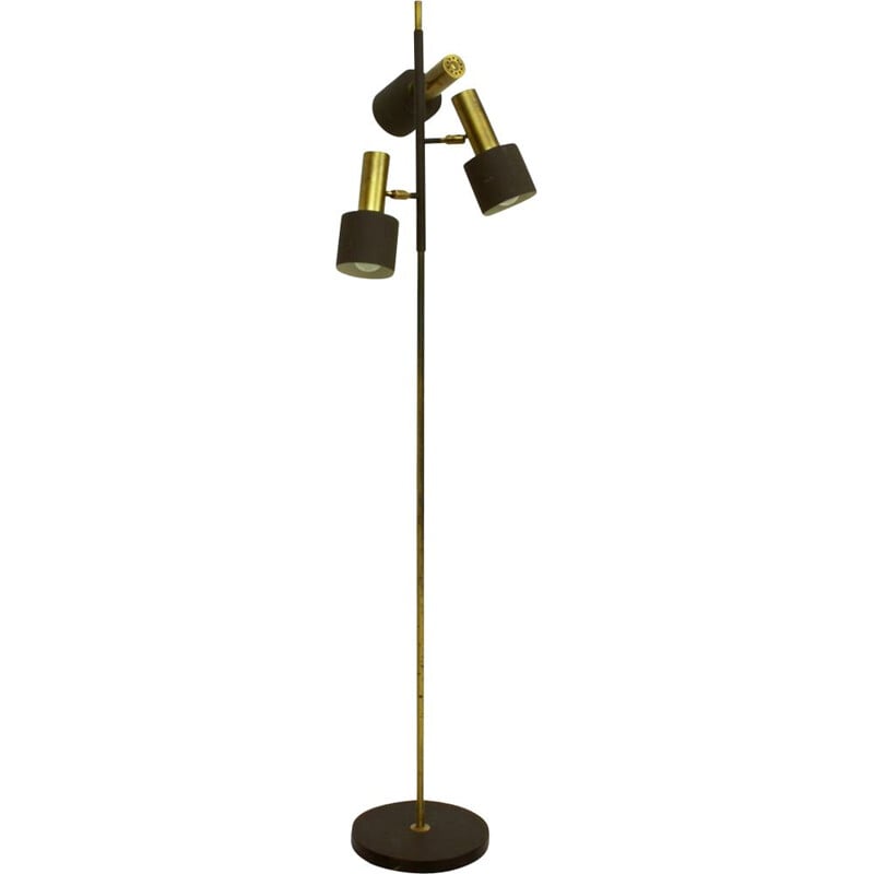 Vintage Brass & Brown Lacquered Metal 3-Arm Floor Lamp by Johannes Hammerborg for Fog & Morup, Danish 1960s