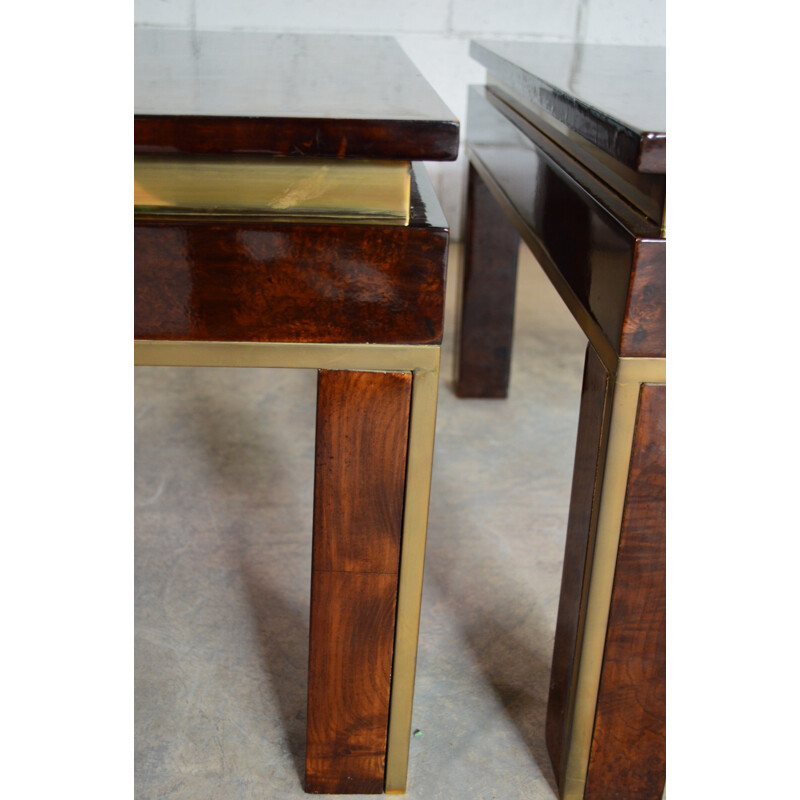 Pair of Italian coffee tables in burlwood and brass - 1970s