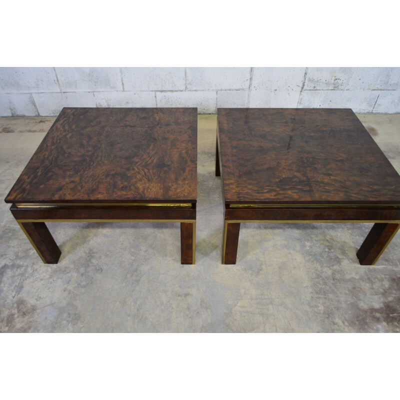 Pair of Italian coffee tables in burlwood and brass - 1970s