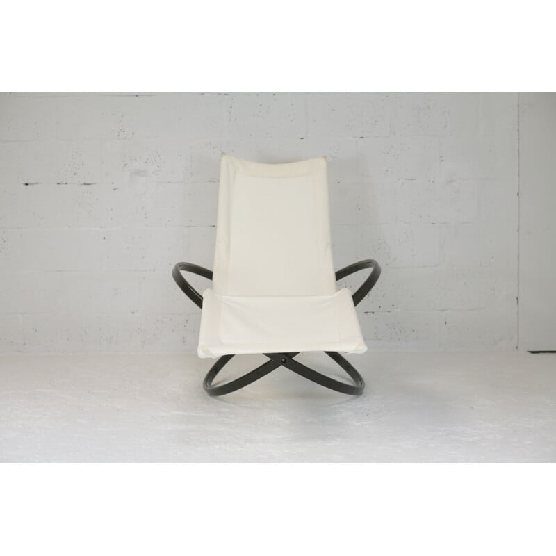 Vintage rocking chair model Jetstar brown lacquered steel and canvas by Roger Lecal France 1975s