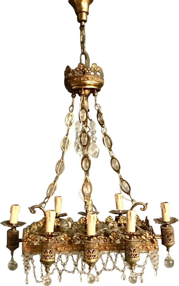 Vintage Crown Chandelier In Crystal, Bronze Chandelier With Crystal Beads