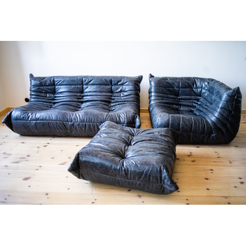Set of vintage 3-seater sofa and corner armchair with pouffe Togo leather  by Michel Ducaroy for Ligne Roset